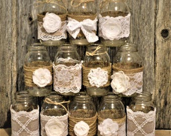 Mason Jar Wedding Centerpiece Rustic Decorations Burlap Jars White Mason Jar Wedding Centerpiece Rustic Decorations Burlap Jars White