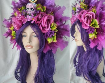 Day of the dead headpiece rhinestone pink skull purple roses feathers cosplay