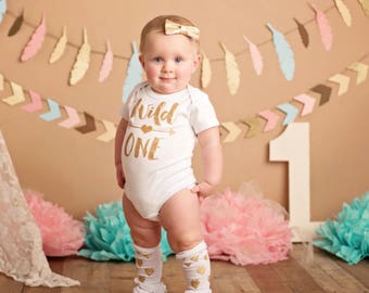 Gold 'Wild One' bodysuit | Glitter Gold 'Wild One' w/ heart leg warmers | Girls 1st Birthday Bodysuit | Glitter Sparkle Birthday Bodysuit