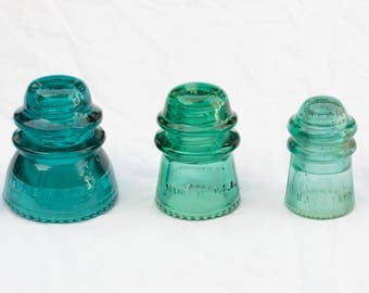 vintage home decor 3 glass insulators - Hemingray telephone telegraph insulator 42, 16, 9 - colorful blue green - office paperweight