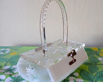 Vintage Charles S. Kahn Lucite Purse, Exquisite Pearlized Lucite Handbag, Clear Lid and Sides Stamped w/Floral Design ,1950s