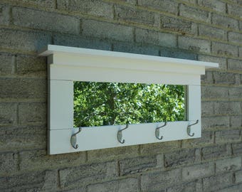 White entry mirror with satin nickel hooks ( wall coat rack,wall hook,wall mirror,,wall hooks,entry coat hooks, wall fixture, )