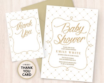 Printable White and Gold Baby Shower Invitation - Glitter Gold Baby Invite - Glitter Card with Hearts - Simple and Beautiful Glitter Invite