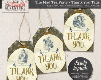 Printable Alice In Wonderland thank you tags, party printables, printable collage sheet vintage mad tea party digital download