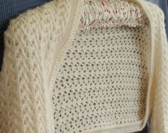 Luxurious Cashmere off-white or ivory lace pattern hand knit shrug bolero bride cover up
