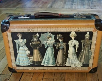 Suitcase old galvanized fiber with collage of ladies in 1889