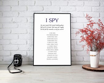 Wedding game I spy, wedding games, printable i spy poster, newlywed game, dark gray ''I SPY'', custom poster, wedding reception games