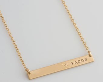 Taco Tuesday Necklace, Taco Necklace, Personalized Skinny Bar Necklace, Heart Tacos, Gold Bar Necklace, Gift for Her, LEILAjewelryshop