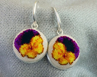 Viola flower earrings Gift for her Cross stitch jewelry Embroidered earrings Yellow black flower Hand embroidered gift Viola jewelry