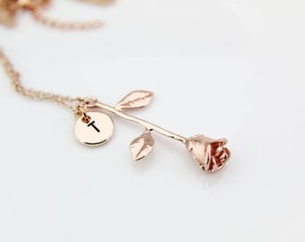 Rose Necklace, Rose Gold Rose Charm Necklace, Love Rose Charms, Flower Rose Charms, Personalized Necklace, Initial Charm, Initial Necklace