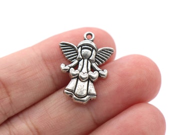 Cut Out Silver Angel Charm With Red Crystal Heart Collectible