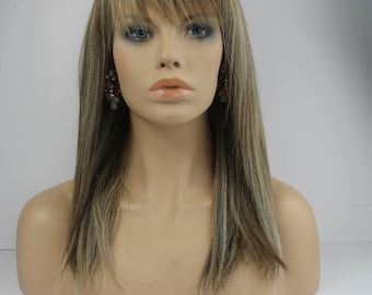 Golden Brown Ash Blonde and Light Blonde Mix Straight Medium Length Bob with Bangs Premium Fibre Wig-