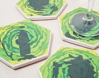 Rick and Morty Portal Hexagon Coaster | Single Coaster | Cartoon Ceramic Tile Coaster | Housewarming Gift | TV Show Drink Coaster