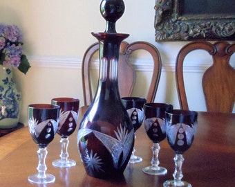 Vintage Italian Art Glass Decanter Set, Venetian Amethyst & Clear Glass Art Deco Decanter w/5 Tall Glasses Set, Italy Barware Set, 1950s'