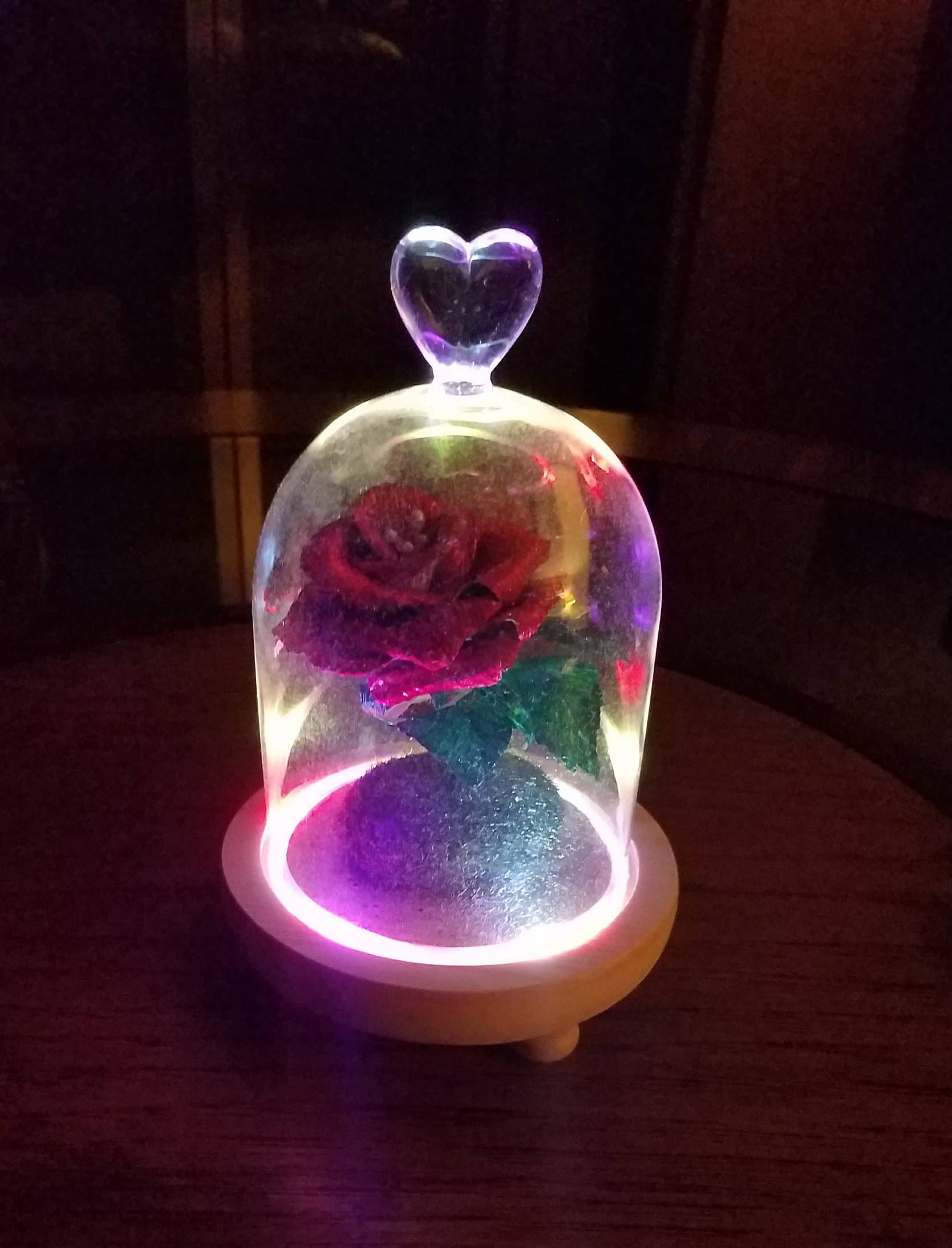 Handmade Crepe Paper Rose Under Glass Cloche/Colorful FlashLED