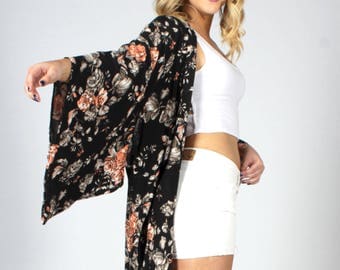 Black Floral Kimono Cardigan, Boho Kimono, Bohemian Kimono, Kimono Cardigan, Kimono Jacket, Music Festival Clothing, Swimsuit Cover up