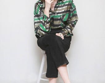Vintage 1980's Green & Silver Metallic Striped Shirt