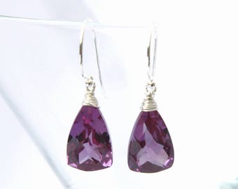 Color Change Alexandrite Briolette Wire Wrapped Earrings in Sterling Silver , June Birthstone , Wedding , Bridal , 55th Anniversary