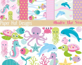 Girls Sea Animal Clipart and Digital Paper Set-Under the Sea Clipart & Papers-Girls Nursery-Dolphin-Turtle-Jelly Fish-Crab-BUY2GET1MOREFREE