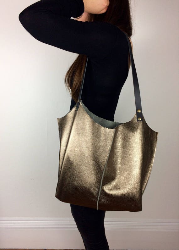 Medium Leather Tote Bag Metallic Bronze Leather Tote Shopping