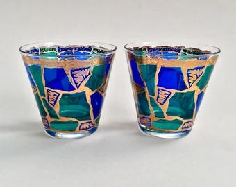 SET 2 Vintage 60s Cocktail Glasses - Europa by Georges Briard - MCM Retro Mid Century Modern Barware - Blue Green Gold Stained Glass Motif