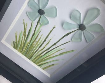 Sea Glass Art, Maine Sea Glass, Pebble Art, Genuine Sea Glass, Sea Glass Flower, Framed Art
