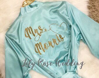 Bridesmaid Robes, Gold Print Bride Robe, Personalized Bridal Shower Gift, Personalized Wedding Gift, Bride Gift, Satin Getting Ready Robe