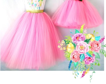 Mother Daughter Matching Dress Hot Pink Tulle Skirts mommy and me set tutu skirts, "Chelsea". Bridal flower girl bridesmaid skirts.