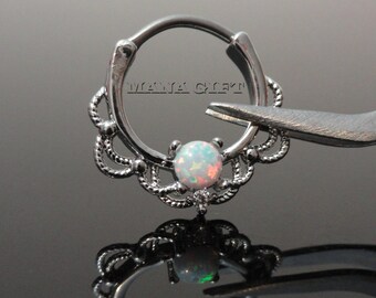 White Opal Septum / Daith Clicker Piercing, Silver Lacey Opal Septum Clicker Ring, 16 Gauge, H 42