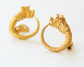 Gold Tribal Boho Earrings Vintage 70s Ethnic Bohemian Earrings Clipon Clip ons Hoop Earrings Tribal Earrings 1970s Vintage Boho Jewelry