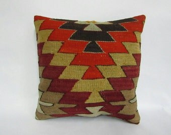 Turkish Handmade Kilim Pillow,16x16 inches,30x40cm, Anatolian Turkish Handwoven Tribal Kilim Pillow Cover