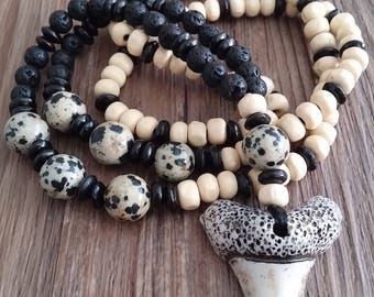 Men's necklace, shark tooth necklace, men's gift, rocker, surfer, fisherman gift, boyfriend gift lucky, resine tooth, wooden beads, jasper