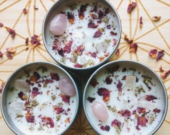 Love Spell Candle Magick / Intention Candle / Rose Quartz Crystal Magick / Crystal Healing / Rose Petal Mugwort Herb Candle