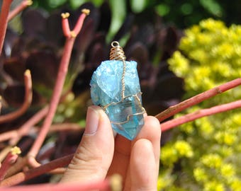 Handmade Wire Wrapped Aqua Aura Quartz Pendant
