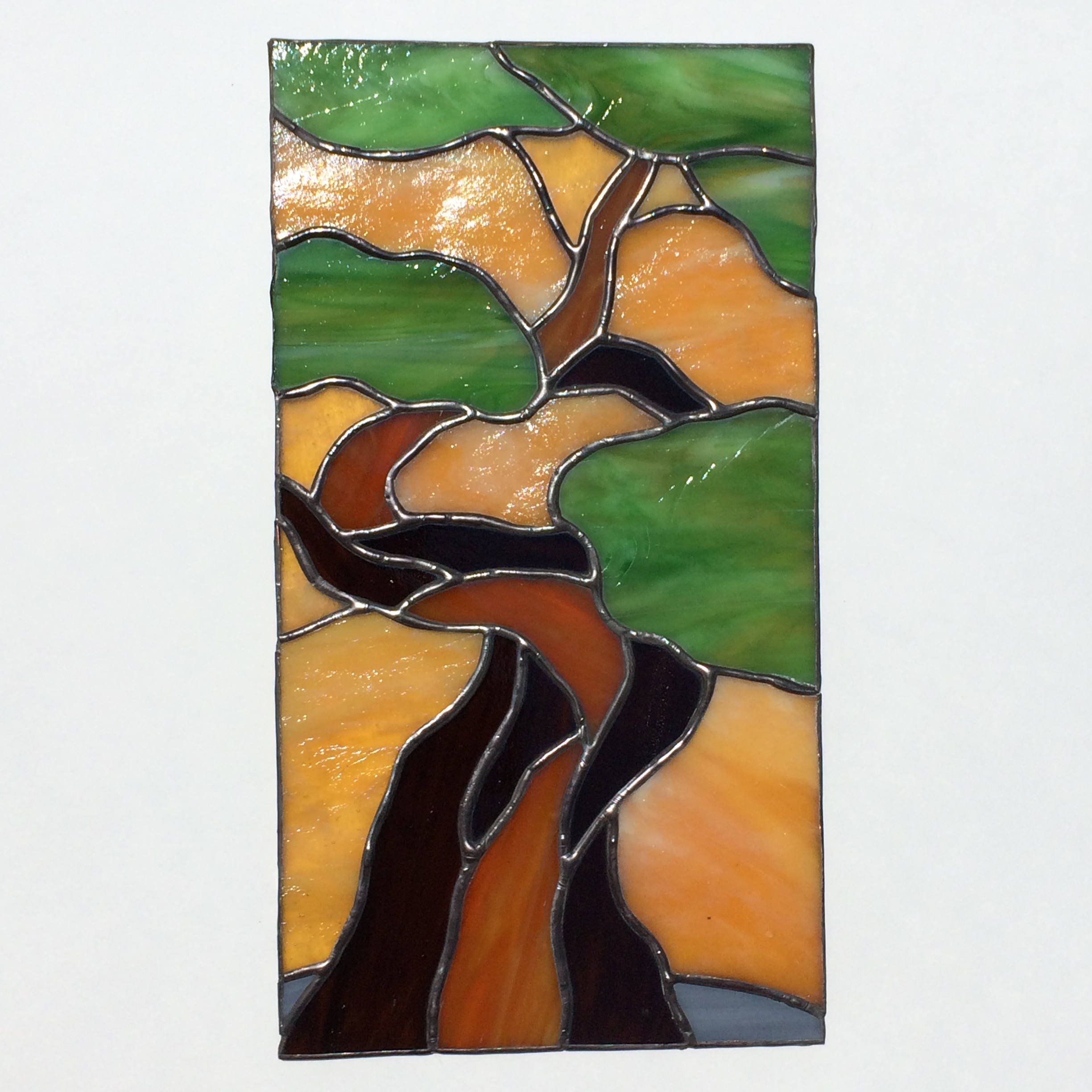 Bonsai Tree Stained Glass Window Framed