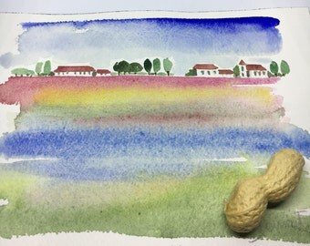 Minute countryside rural view watercolor painting on paper made by hand painted delicate casette colors blended gift for her