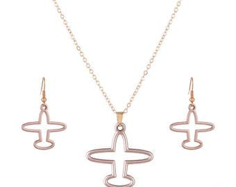 Plane Jewelry Set,Aeroplane Jewelry Set,Gold Plane Necklace And Earring Set,Gold Plane Necklace,Gold Plane Earrings,