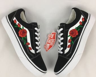 Rose Vans Old skool, rose vans women, womens sneakers, rose embroidered vans, custom vans, canvas vans, unisex vans, rose on vans,