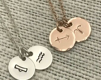 Couples Zodiac Necklace, Tiny Double Zodiac Necklace, Double Zodiac, Rose Gold, Gold, Silver, Gift for Her, Birthday Gift, Anniversary Gift