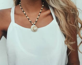 FREE SHIPPING - Seashell necklace with green beads - beachbum -beach lover - boho style - caribbean