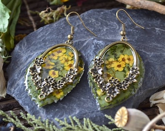 Leaf earrings, roses, dried flowers, epoxy, Bohemian chic, hand made jewelry, handmade resin jewelry