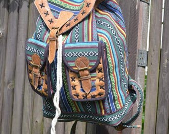 Backpack red green colorful handmade from Kathmandu - Nepal India hemp colorful Goa hippy