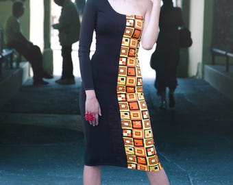 Unique lady chocolate brown, yellow dress