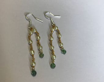 Natural Emerald and Pearl Sterling silver yellow gold Dangling earrings