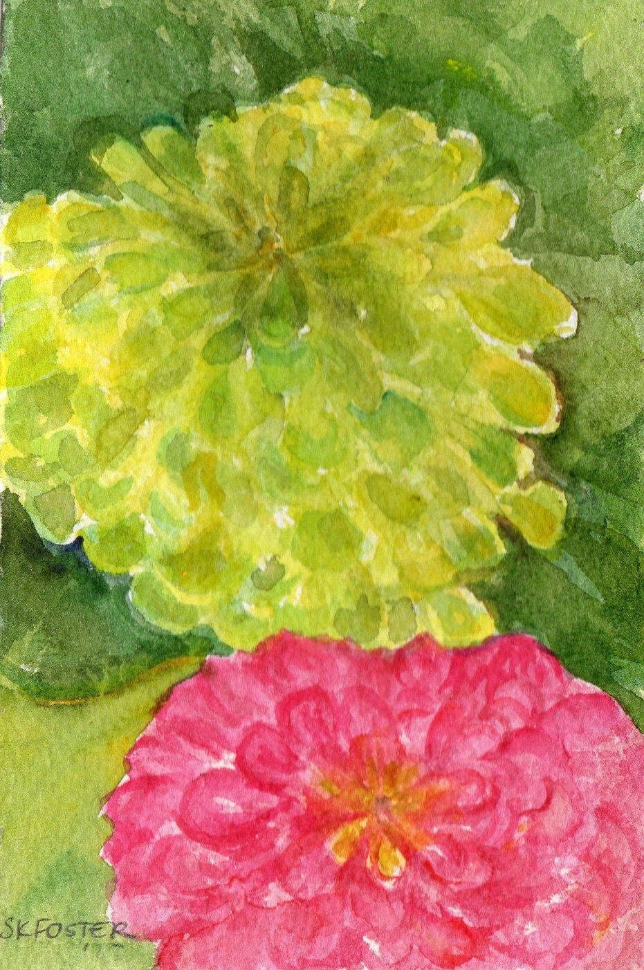 Zinnias Original Watercolor Painting Flower Painting Small