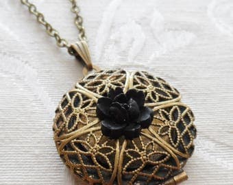 1/2 Price Sale- Scent Locket Necklace with Black Rose Flower Charm