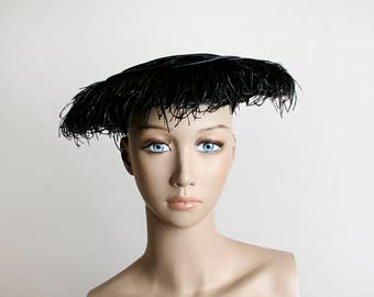 Vintage 1950s Hat - Black Ostrich Feather Platter Hat - Round Velvet Cartwheel Pancake Wide Evening 50s Hat