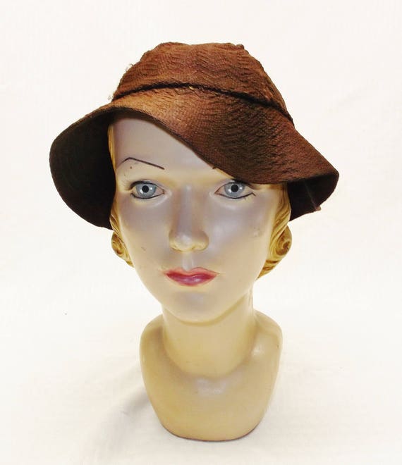 1930s Vintage Nos Chocolate Brown Slouch Hat With Feathers