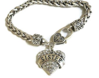 Clear Pave Rhinestone Sister Heart Charm Bracelet Vintage