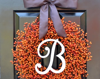 Orange Berry Fall Wreath, Fall Monogram Wreath Thanksgiving Wreath, Fall Decor with Weatherproof Berries
